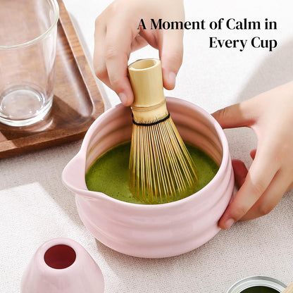 Matcha Whisk Set, 7 Pcs Matcha Set Includes Bowl with Spout, Whisk and Holder, Bamboo Scoop and Holder, Sifter and Tea Towel - Matcha Kit Gift for Lovers Beginners (Pink)