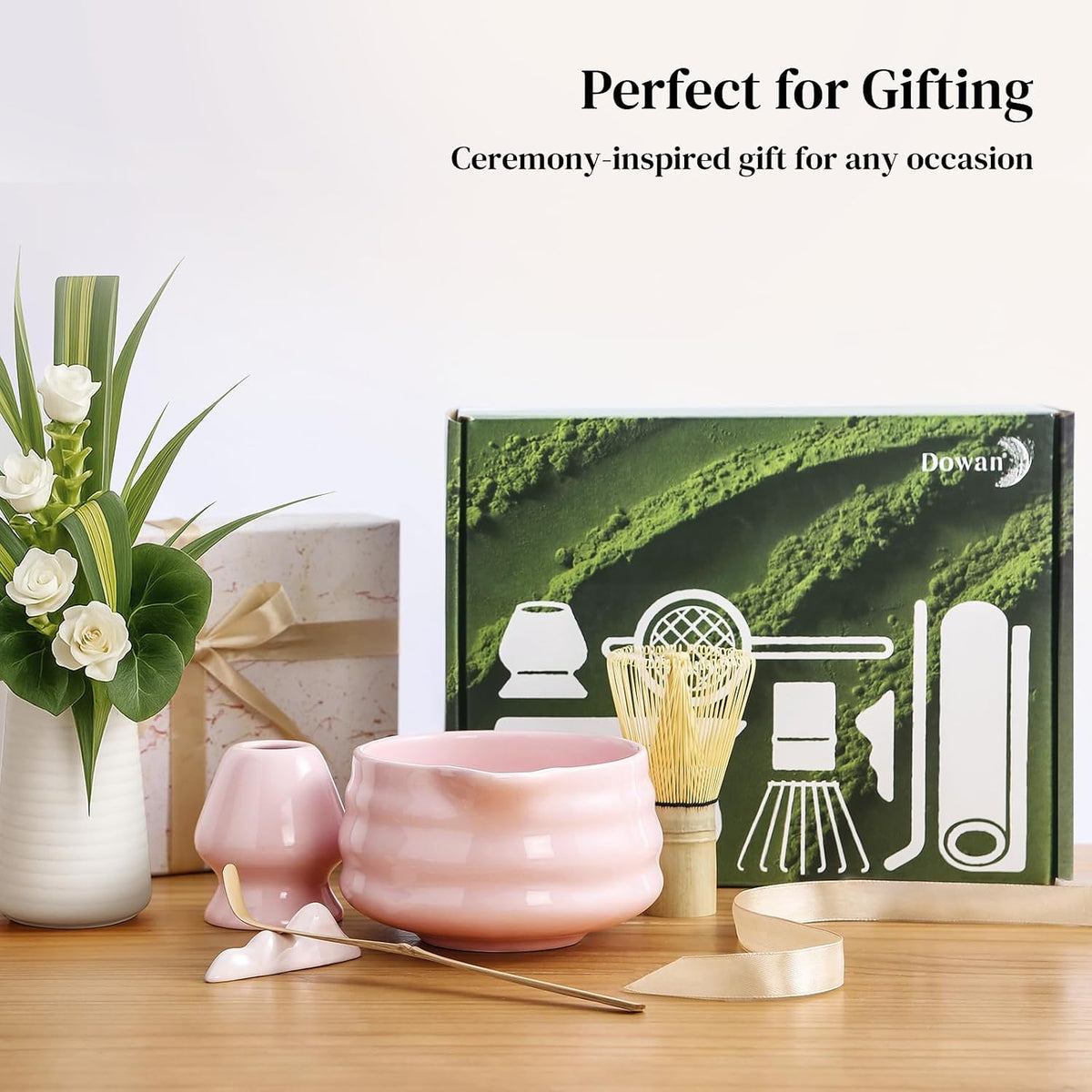 Matcha Whisk Set, 7 Pcs Matcha Set Includes Bowl with Spout, Whisk and Holder, Bamboo Scoop and Holder, Sifter and Tea Towel - Matcha Kit Gift for Lovers Beginners (Pink)