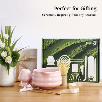 Matcha Whisk Set, 7 Pcs Matcha Set Includes Bowl with Spout, Whisk and Holder, Bamboo Scoop and Holder, Sifter and Tea Towel - Matcha Kit Gift for Lovers Beginners (Pink)