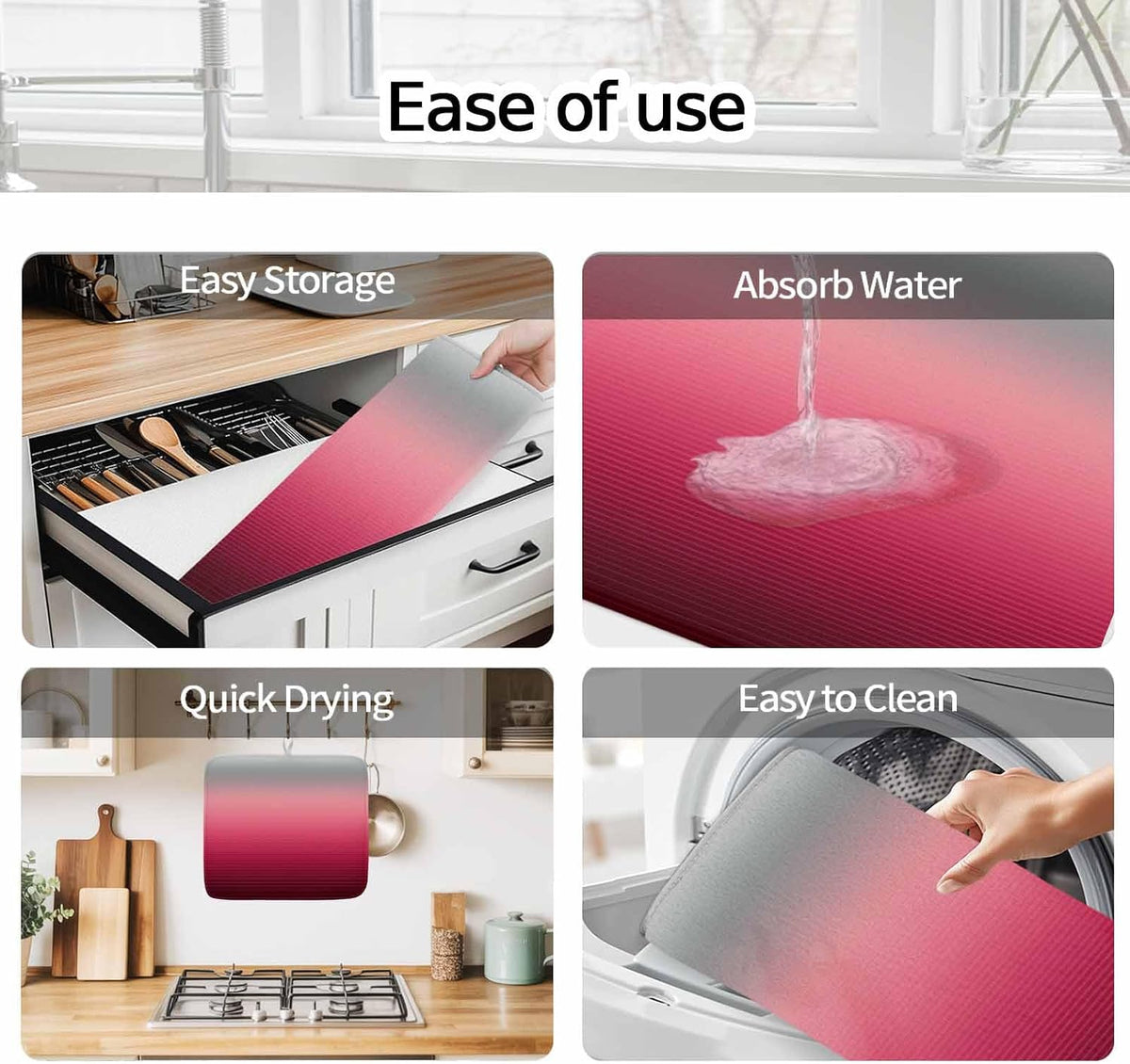 Dish Drying Mat Ombre Pink Grey Kitchen Counter Drying Pad for Dishes Glasses Cups and Cookware Gradient Stripes Absorbent Dish Drying Mat Machine Washable Kitchen Accessories 2 Pack 16" x 18"