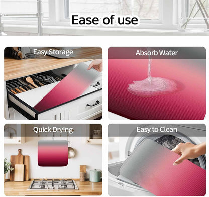 Dish Drying Mat Ombre Pink Grey Kitchen Counter Drying Pad for Dishes Glasses Cups and Cookware Gradient Stripes Absorbent Dish Drying Mat Machine Washable Kitchen Accessories 2 Pack 16" x 18"
