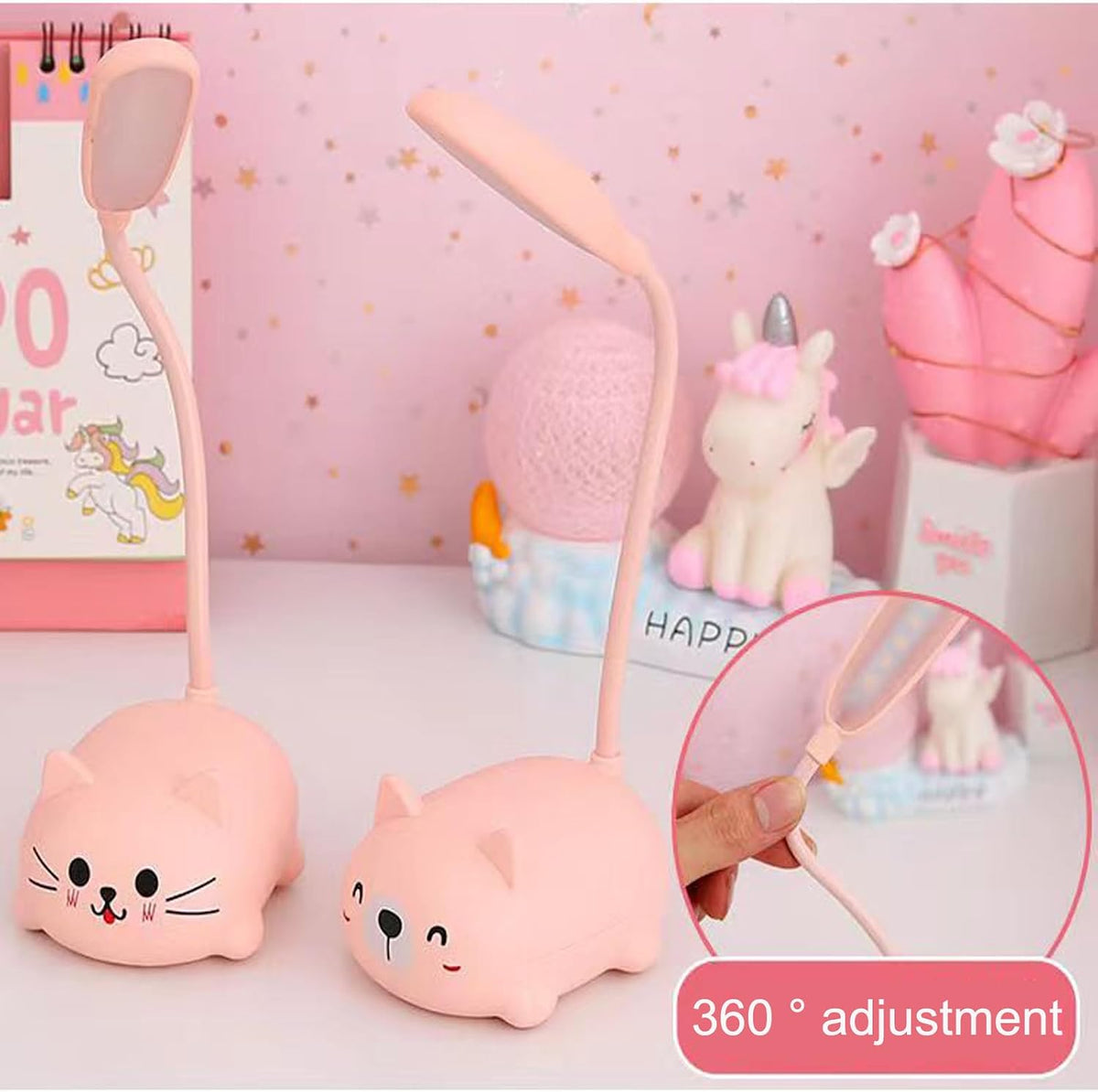 LED Desk Lamp，Mini Cat Night Light, Portable LED Table Light, Cute Foldable USB Rechargeable Reading Light Bedroom Children's Bedside Study (Pink)