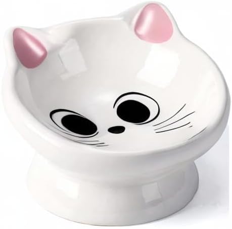 Raised Cat Food Bowl Ceramic 15° Tilted Cat Food Bowls Protect Cat's Spine Anti Vomiting Backflow Prevention Bowls for Adult Kitty, Kitten, and Small Dogs, Pink