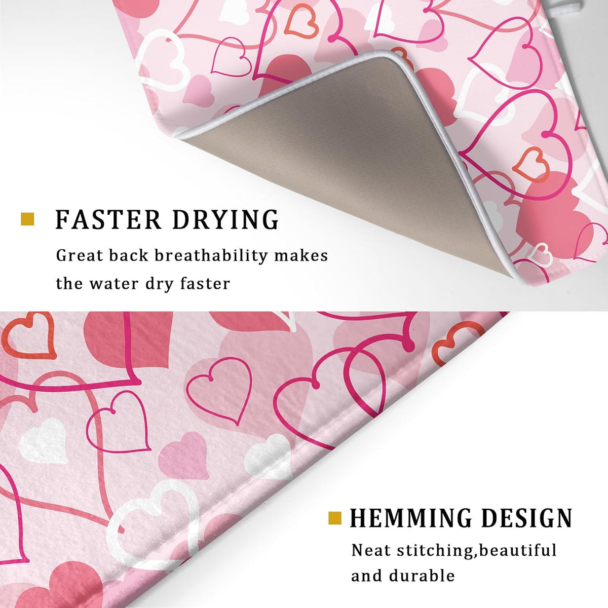 Valentines Day Dish Drying Mat for Kitchen Pink Hearts Absorbent Reversible Microfiber Kitchen Countertop Protector Dishes Pad Large 18x24 inch