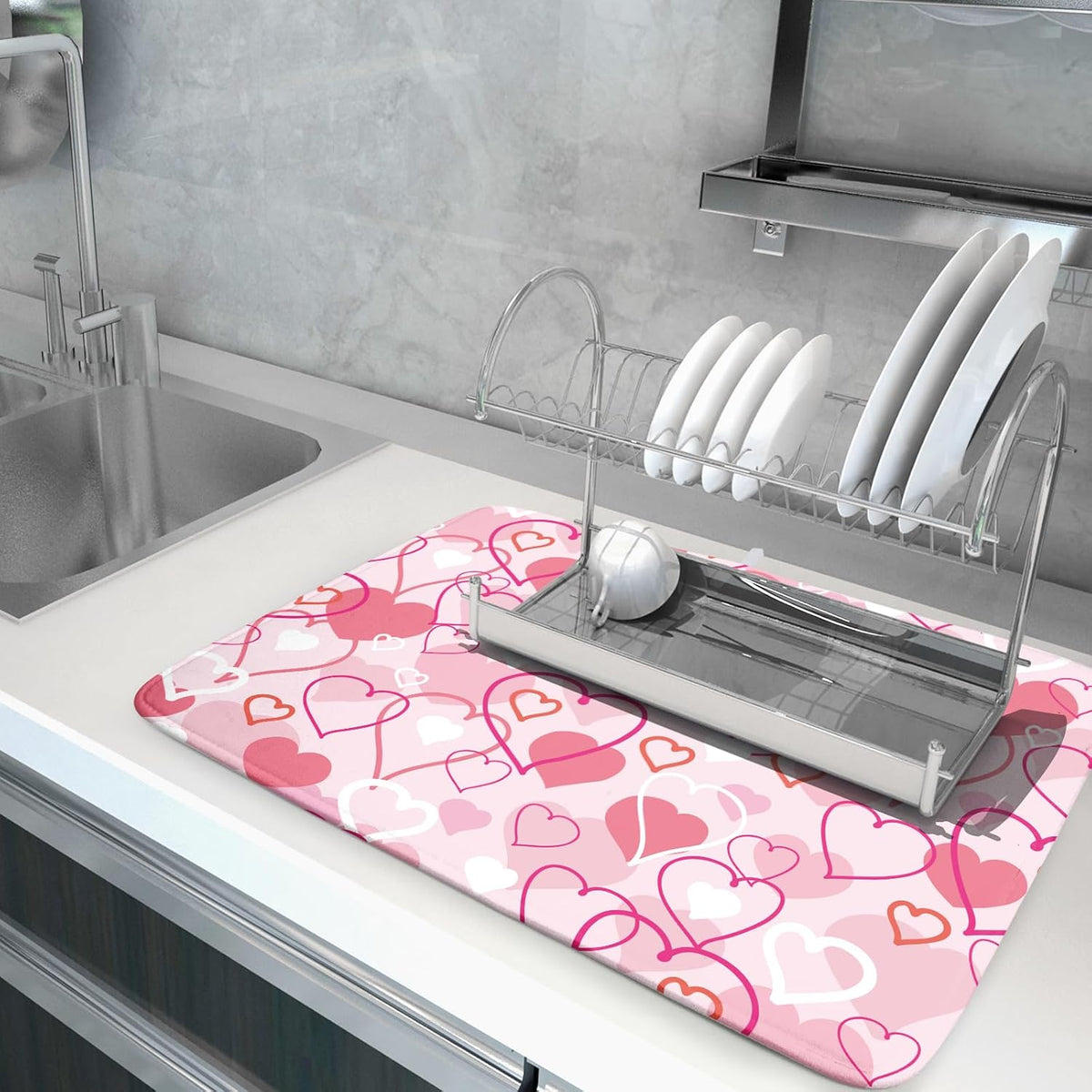 Valentines Day Dish Drying Mat for Kitchen Pink Hearts Absorbent Reversible Microfiber Kitchen Countertop Protector Dishes Pad Large 18x24 inch