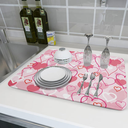 Valentines Day Dish Drying Mat for Kitchen Pink Hearts Absorbent Reversible Microfiber Kitchen Countertop Protector Dishes Pad Large 18x24 inch
