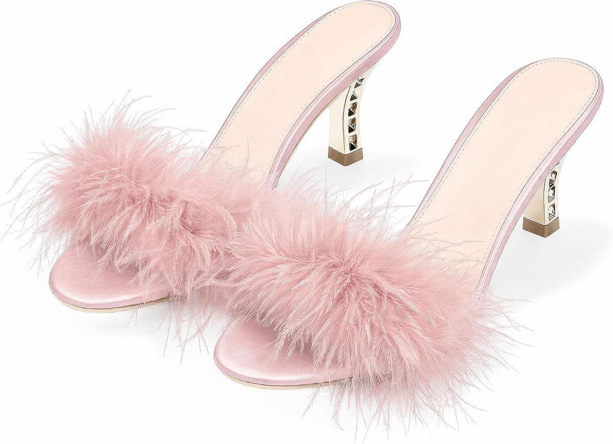 Women Sexy Slippers Fur Heels Fluffy Feather Kitten Heel Slippers Open Toe