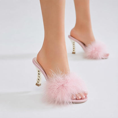 Women Sexy Slippers Fur Heels Fluffy Feather Kitten Heel Slippers Open Toe