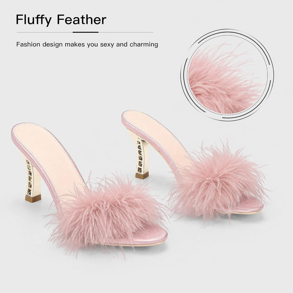 Women Sexy Slippers Fur Heels Fluffy Feather Kitten Heel Slippers Open Toe