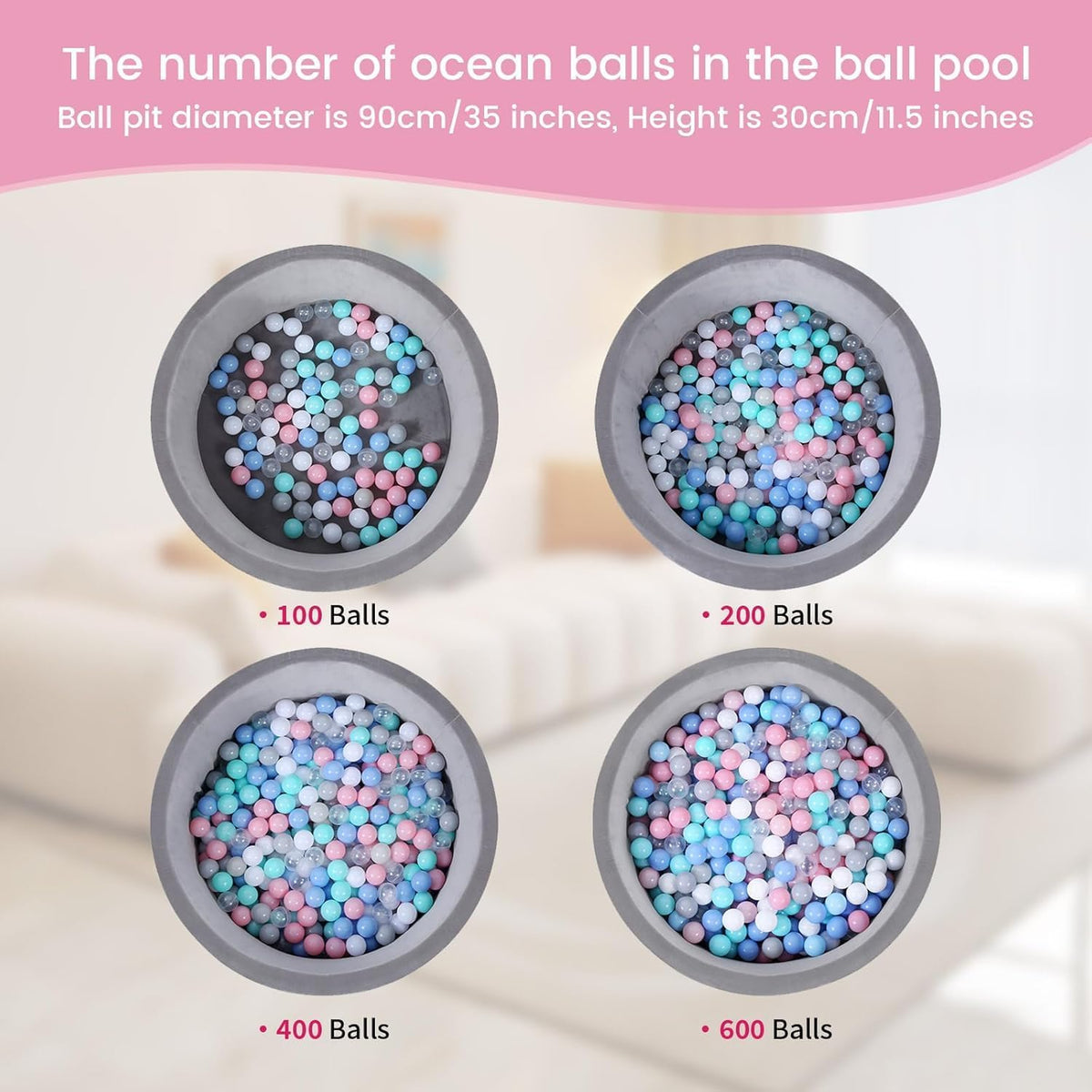 Ball Pit Balls for Toddlers 1-3, 100pcs Crush Proof Plastic Balls for Girls Ball Pit, BPA Free Non-Toxic Play Balls for Baby Pool, Playhouse, Tent, for Dogs & Pets, White, Clear & Pink