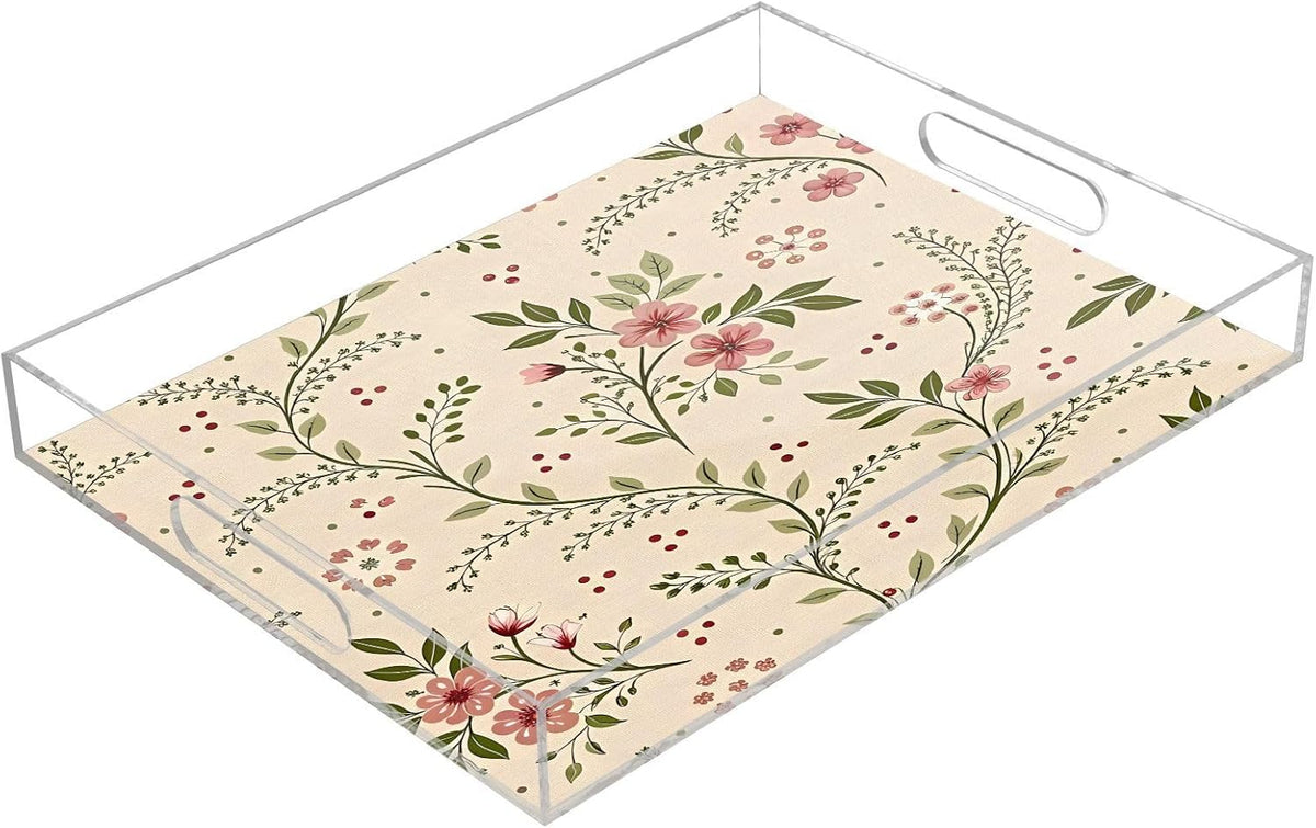 Soft Pink Floral Serving Tray 12" x 16" Acrylic Trays with Handles Decorative Serving Platter for Coffee, Breakfast in Bed, Dinner, Appetizers, Patio, Party