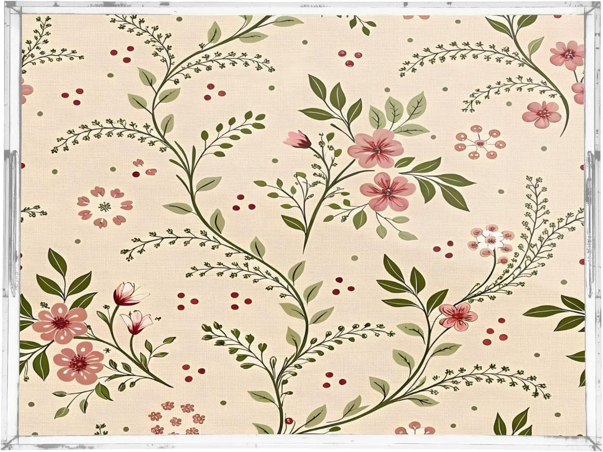 Soft Pink Floral Serving Tray 12" x 16" Acrylic Trays with Handles Decorative Serving Platter for Coffee, Breakfast in Bed, Dinner, Appetizers, Patio, Party