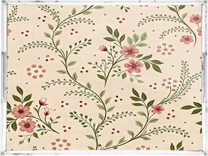 Soft Pink Floral Serving Tray 12" x 16" Acrylic Trays with Handles Decorative Serving Platter for Coffee, Breakfast in Bed, Dinner, Appetizers, Patio, Party