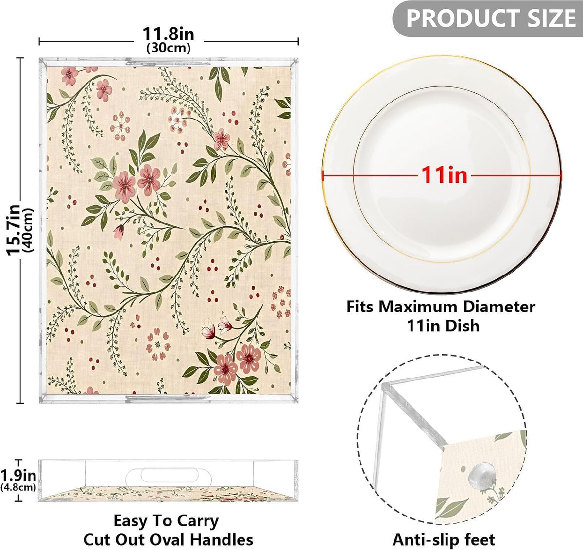 Soft Pink Floral Serving Tray 12" x 16" Acrylic Trays with Handles Decorative Serving Platter for Coffee, Breakfast in Bed, Dinner, Appetizers, Patio, Party