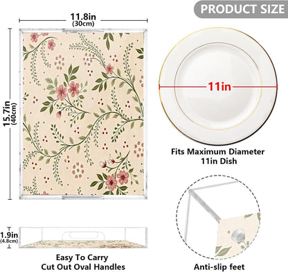 Soft Pink Floral Serving Tray 12" x 16" Acrylic Trays with Handles Decorative Serving Platter for Coffee, Breakfast in Bed, Dinner, Appetizers, Patio, Party