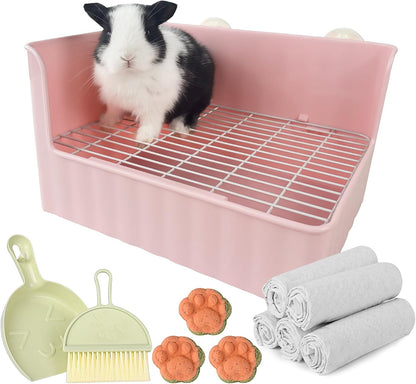 Large Rabbit Litter Box Bunny Potty Training Corner Litter Pan Comes with Liners Rabbit Pee Pads, Small Animal Bedding Toilet for Guinea Pig, Ferret, Hamster, Bunnies (Pink)