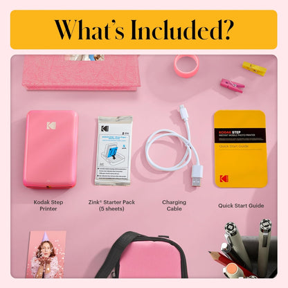 Step Instant Photo Printer with Bluetooth/NFC, Zink Technology & App for iOS & Android (Pink) Go Bundle