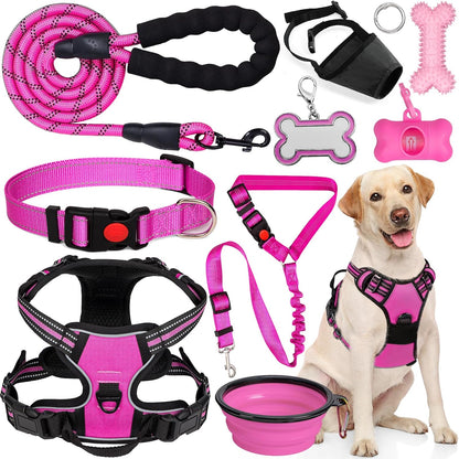 No Pull Dog Harness Adjustable Collar & Leash Set - Dog Halter Harnesses Collapsible Bowls & Poop Bag Dispenser Muzzle ID Tags Toys Fits Small Medium Large Dogs (Pink-XL)