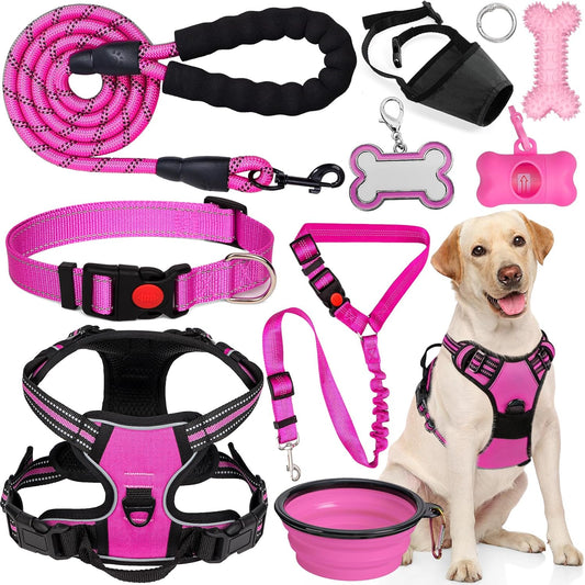 No Pull Dog Harness Adjustable Collar & Leash Set - Dog Halter Harnesses Collapsible Bowls & Poop Bag Dispenser Muzzle ID Tags Toys Fits Small Medium Large Dogs (Pink-XL)