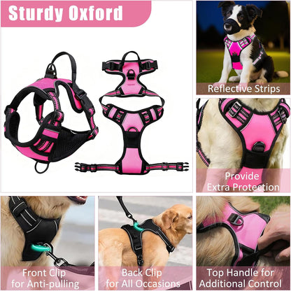 No Pull Dog Harness Adjustable Collar & Leash Set - Dog Halter Harnesses Collapsible Bowls & Poop Bag Dispenser Muzzle ID Tags Toys Fits Small Medium Large Dogs (Pink-XL)