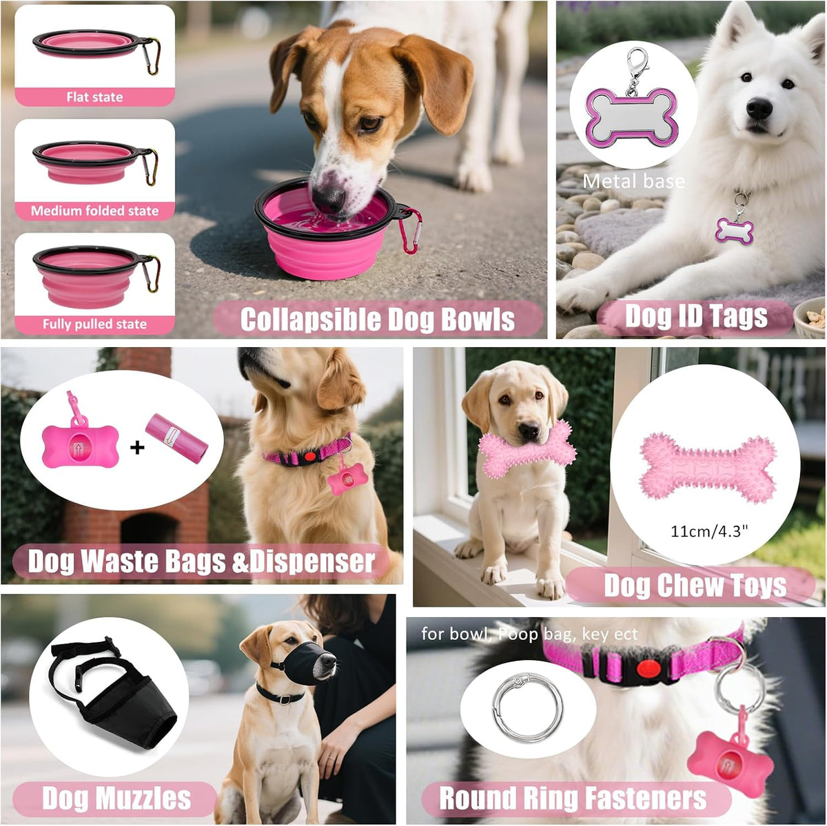 No Pull Dog Harness Adjustable Collar & Leash Set - Dog Halter Harnesses Collapsible Bowls & Poop Bag Dispenser Muzzle ID Tags Toys Fits Small Medium Large Dogs (Pink-XL)