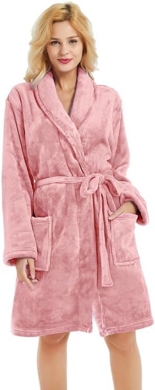 Women Fleece Robe, Short Cozy Plush Robes for Womens Soft Shawl Collar Warm Spa Bathrobe