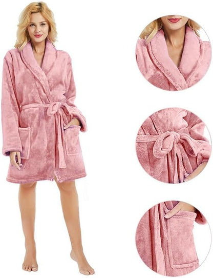 Women Fleece Robe, Short Cozy Plush Robes for Womens Soft Shawl Collar Warm Spa Bathrobe