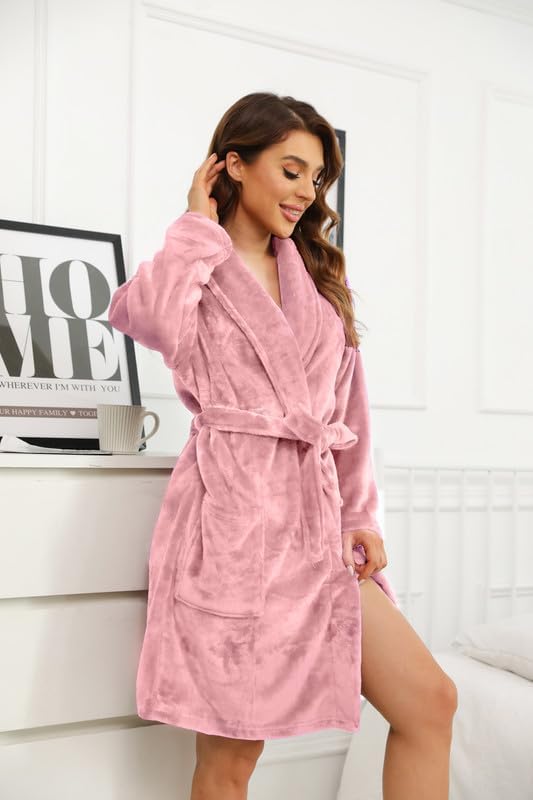 Women Fleece Robe, Short Cozy Plush Robes for Womens Soft Shawl Collar Warm Spa Bathrobe