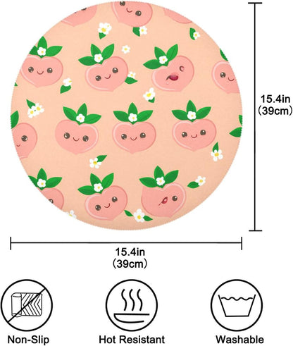 Round Placemats Set of 4 Cute Peach Washable Non-Slip Heat Resistant Place Mats, 15.4” Dining Table Place Mats for Kitchen Holiday Party Decoration