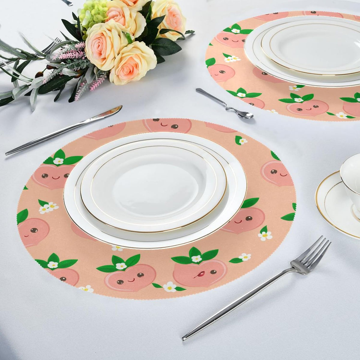 Round Placemats Set of 4 Cute Peach Washable Non-Slip Heat Resistant Place Mats, 15.4” Dining Table Place Mats for Kitchen Holiday Party Decoration