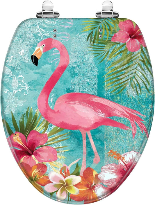 Elongated Toilet Seat Pink Surrounded by Tropical Hibiscus Palm Leaves Resin Toilet Seat Slow Quiet Close Lid with Quick-Release Hinges Cover Bumpers Easy to Clean Install