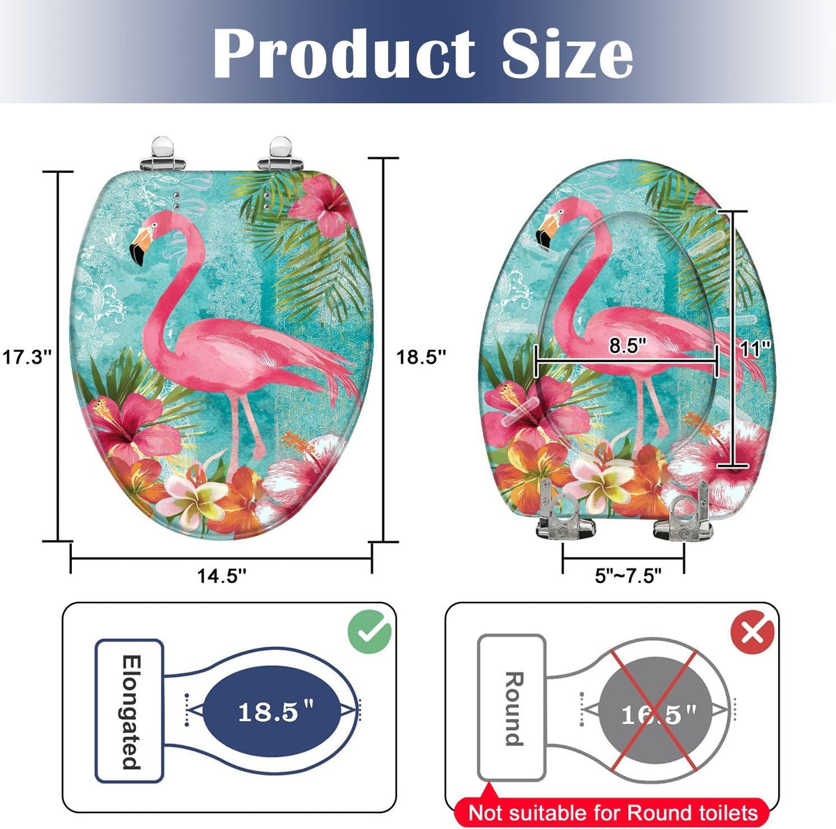 Elongated Toilet Seat Pink Surrounded by Tropical Hibiscus Palm Leaves Resin Toilet Seat Slow Quiet Close Lid with Quick-Release Hinges Cover Bumpers Easy to Clean Install