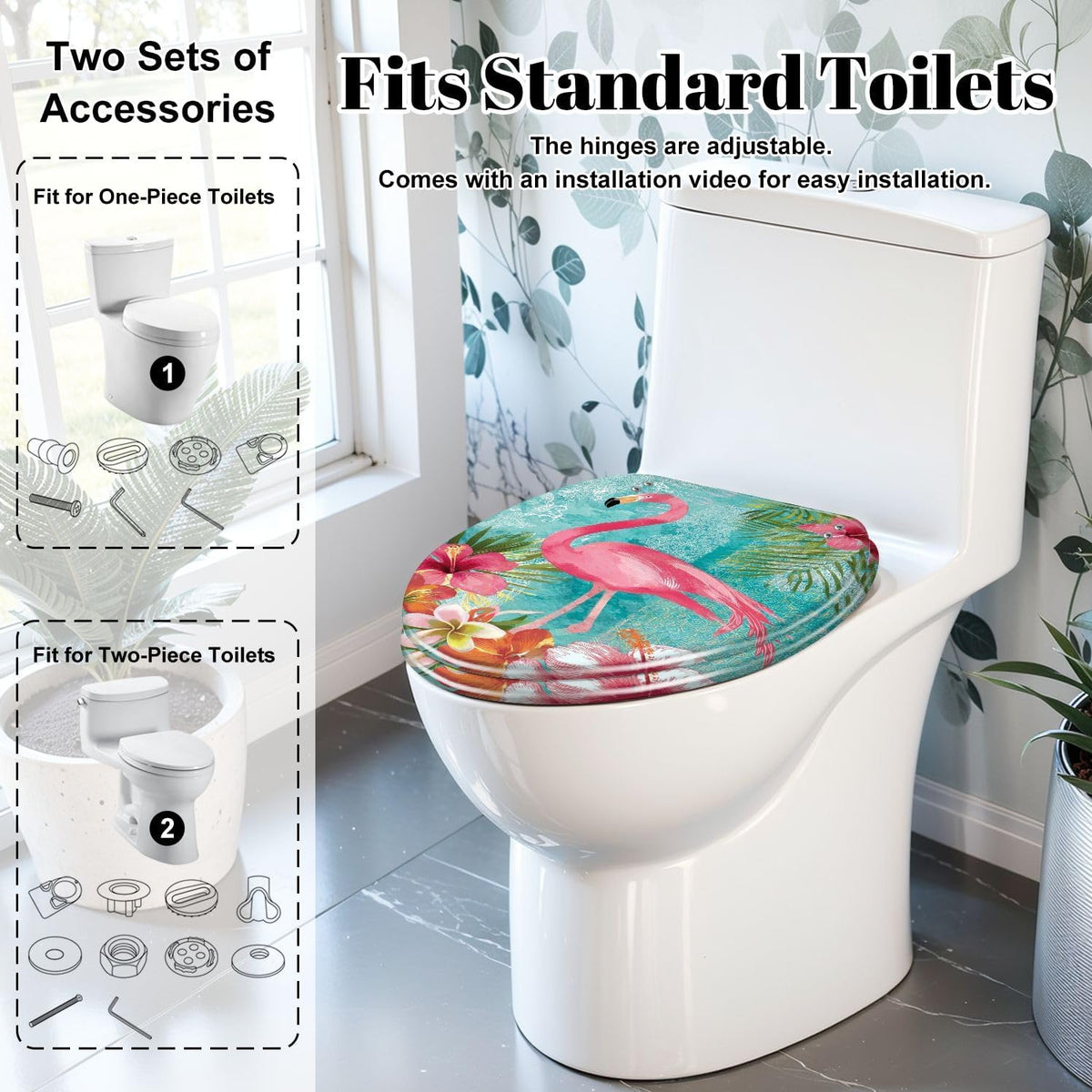 Elongated Toilet Seat Pink Surrounded by Tropical Hibiscus Palm Leaves Resin Toilet Seat Slow Quiet Close Lid with Quick-Release Hinges Cover Bumpers Easy to Clean Install