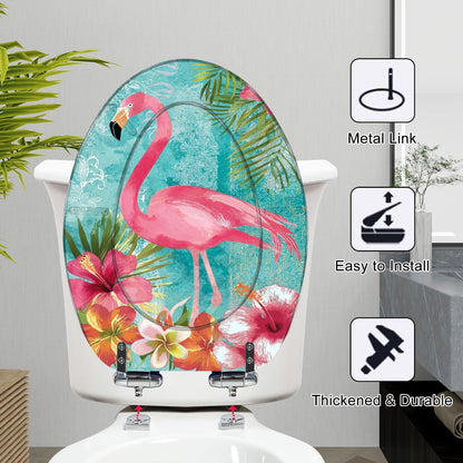 Elongated Toilet Seat Pink Surrounded by Tropical Hibiscus Palm Leaves Resin Toilet Seat Slow Quiet Close Lid with Quick-Release Hinges Cover Bumpers Easy to Clean Install