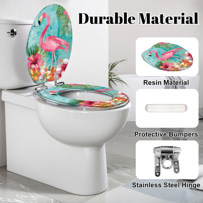 Elongated Toilet Seat Pink Surrounded by Tropical Hibiscus Palm Leaves Resin Toilet Seat Slow Quiet Close Lid with Quick-Release Hinges Cover Bumpers Easy to Clean Install