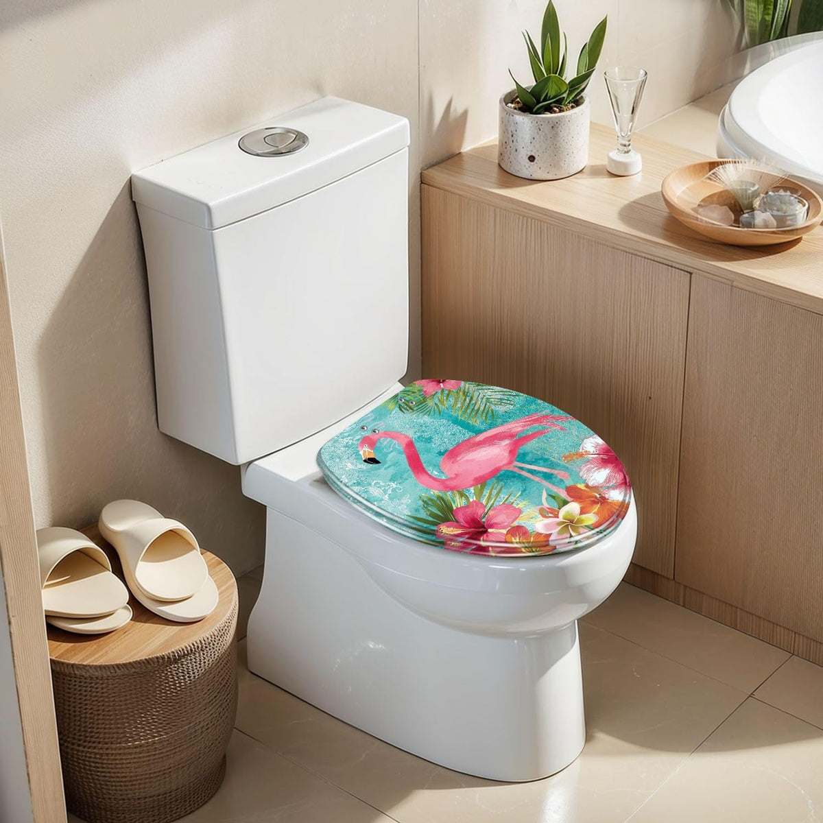 Elongated Toilet Seat Pink Surrounded by Tropical Hibiscus Palm Leaves Resin Toilet Seat Slow Quiet Close Lid with Quick-Release Hinges Cover Bumpers Easy to Clean Install