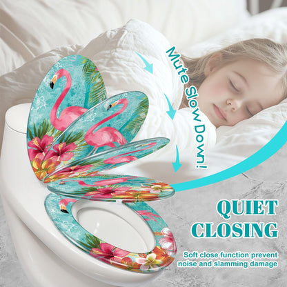 Elongated Toilet Seat Pink Surrounded by Tropical Hibiscus Palm Leaves Resin Toilet Seat Slow Quiet Close Lid with Quick-Release Hinges Cover Bumpers Easy to Clean Install