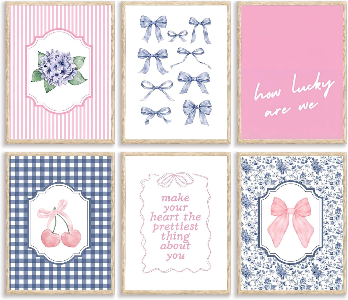 6Pcs Coquette Aesthetic Canvas Wall Art Preppy Gingham Striped Posters Blue and Pink Bows Cherries Floral Quotes Pictures Pastel Girly Prints Wall Decor for Girls Bedroom Dorm Apartment Unframed