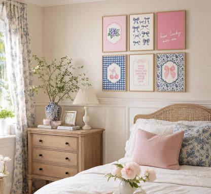 6Pcs Coquette Aesthetic Canvas Wall Art Preppy Gingham Striped Posters Blue and Pink Bows Cherries Floral Quotes Pictures Pastel Girly Prints Wall Decor for Girls Bedroom Dorm Apartment Unframed