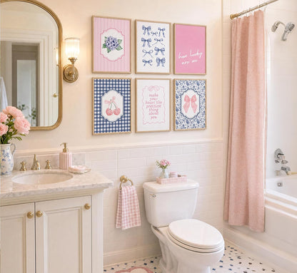 6Pcs Coquette Aesthetic Canvas Wall Art Preppy Gingham Striped Posters Blue and Pink Bows Cherries Floral Quotes Pictures Pastel Girly Prints Wall Decor for Girls Bedroom Dorm Apartment Unframed