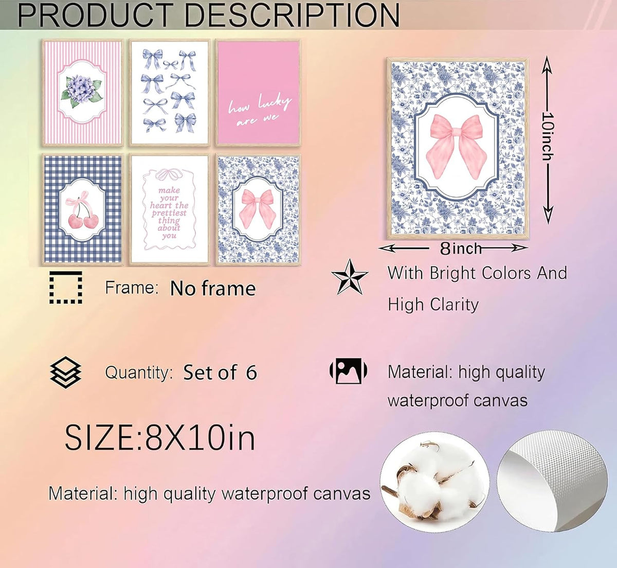 6Pcs Coquette Aesthetic Canvas Wall Art Preppy Gingham Striped Posters Blue and Pink Bows Cherries Floral Quotes Pictures Pastel Girly Prints Wall Decor for Girls Bedroom Dorm Apartment Unframed