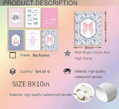 6Pcs Coquette Aesthetic Canvas Wall Art Preppy Gingham Striped Posters Blue and Pink Bows Cherries Floral Quotes Pictures Pastel Girly Prints Wall Decor for Girls Bedroom Dorm Apartment Unframed