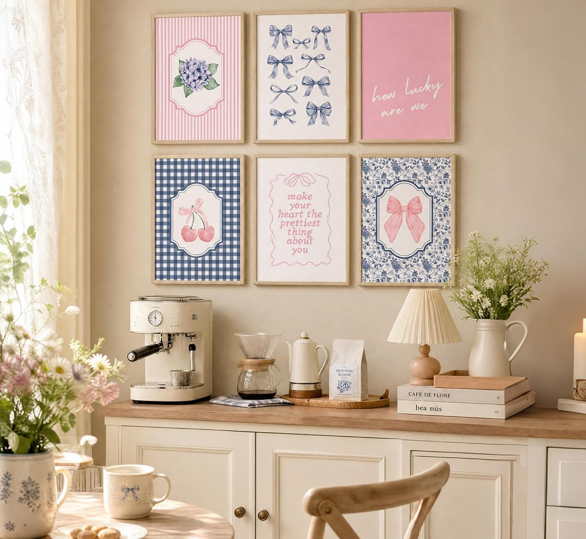 6Pcs Coquette Aesthetic Canvas Wall Art Preppy Gingham Striped Posters Blue and Pink Bows Cherries Floral Quotes Pictures Pastel Girly Prints Wall Decor for Girls Bedroom Dorm Apartment Unframed