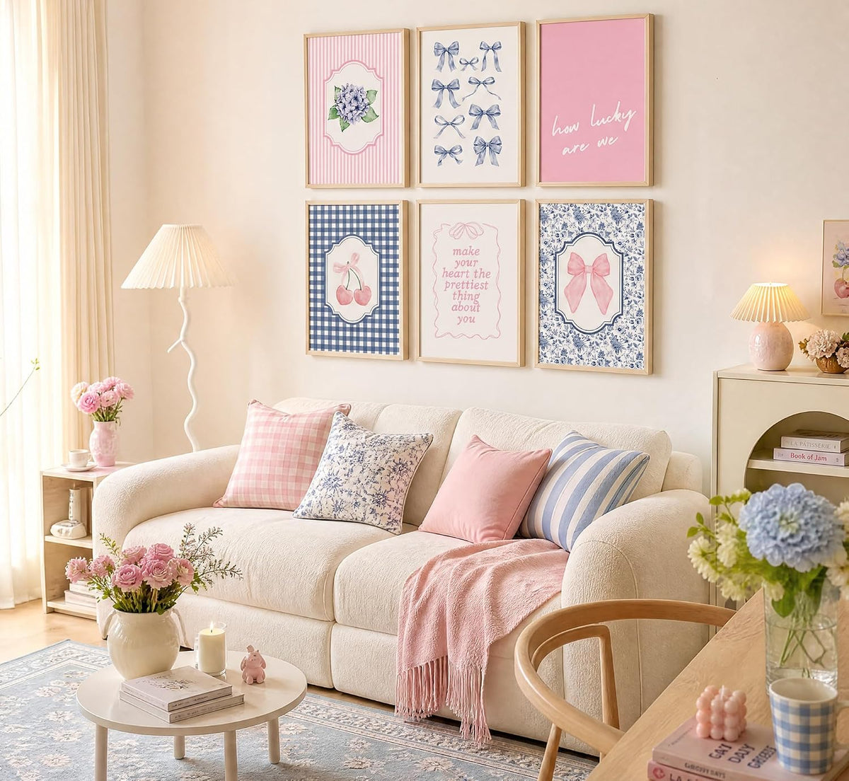 6Pcs Coquette Aesthetic Canvas Wall Art Preppy Gingham Striped Posters Blue and Pink Bows Cherries Floral Quotes Pictures Pastel Girly Prints Wall Decor for Girls Bedroom Dorm Apartment Unframed