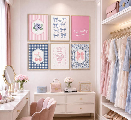 6Pcs Coquette Aesthetic Canvas Wall Art Preppy Gingham Striped Posters Blue and Pink Bows Cherries Floral Quotes Pictures Pastel Girly Prints Wall Decor for Girls Bedroom Dorm Apartment Unframed