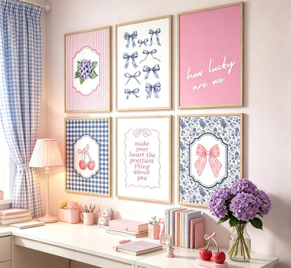 6Pcs Coquette Aesthetic Canvas Wall Art Preppy Gingham Striped Posters Blue and Pink Bows Cherries Floral Quotes Pictures Pastel Girly Prints Wall Decor for Girls Bedroom Dorm Apartment Unframed
