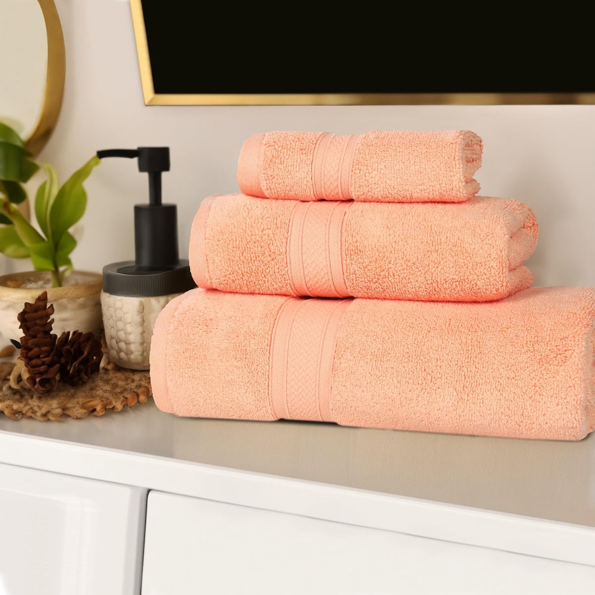 Cotton 3-Piece Towel Set, Zero Twist, Quick Dry, Home Essentials, Shower, Spa, Luxury Plush Soft Absorbent Towels, Includes 1 Bath, 1 Hand, 1 Washcloth/Face Towel, Solid, Peach