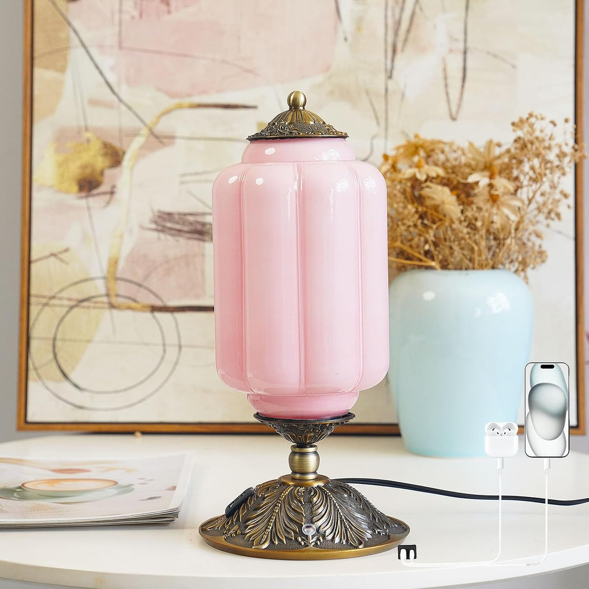 Vintage Touch Bedside Table Lamp, Elegant Green Glass Bedside Desk Lamp 3 Way Dimmable with USB C+A Charging Ports - Bedroom Nightstand & Living Room Essential (Pink, 6.5)