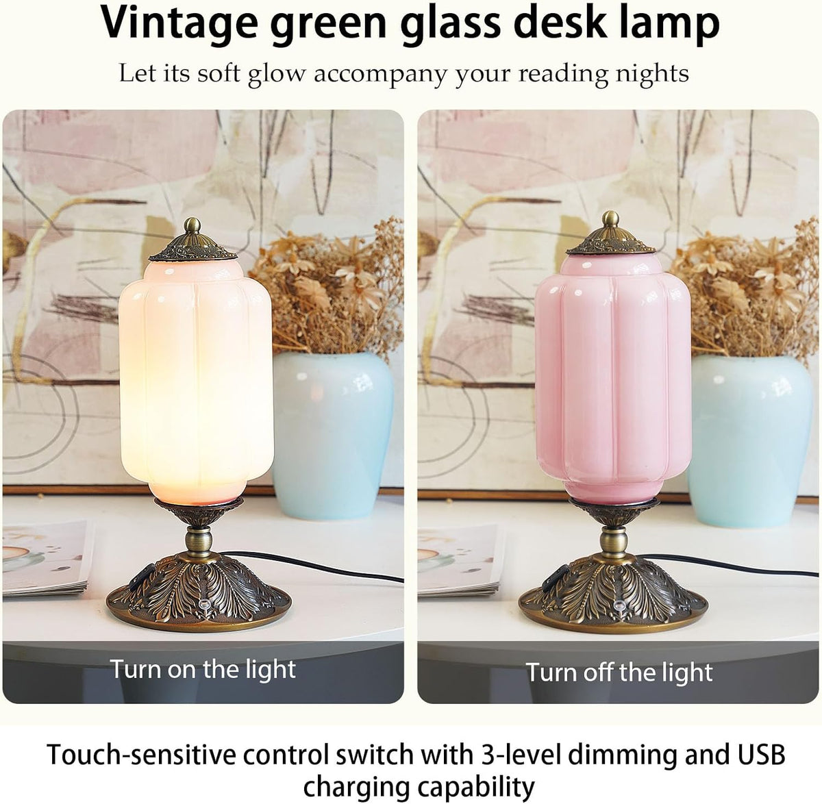 Vintage Touch Bedside Table Lamp, Elegant Green Glass Bedside Desk Lamp 3 Way Dimmable with USB C+A Charging Ports - Bedroom Nightstand & Living Room Essential (Pink, 6.5)