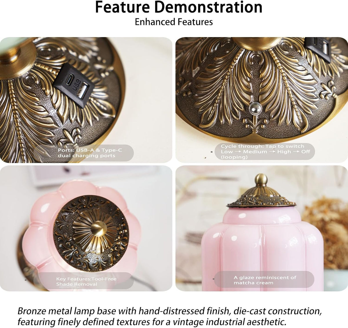 Vintage Touch Bedside Table Lamp, Elegant Green Glass Bedside Desk Lamp 3 Way Dimmable with USB C+A Charging Ports - Bedroom Nightstand & Living Room Essential (Pink, 6.5)